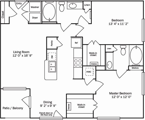 A floor plan of a home with a living room, dining room, kitchen, and three bedrooms.